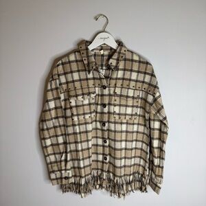NWT | Hem & Thread | Cream Plaid Fringe Button-Up Shirt | Size Medium